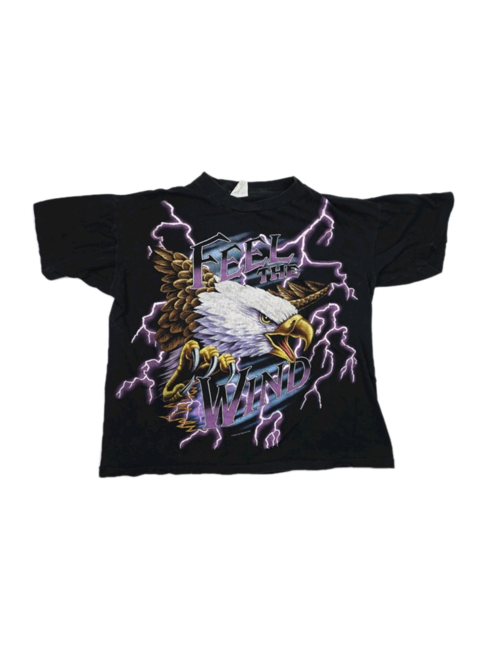 Vintage 90s American Thunder T-Shirt Feel The Wind Mens L Black Eagle Biker Tee